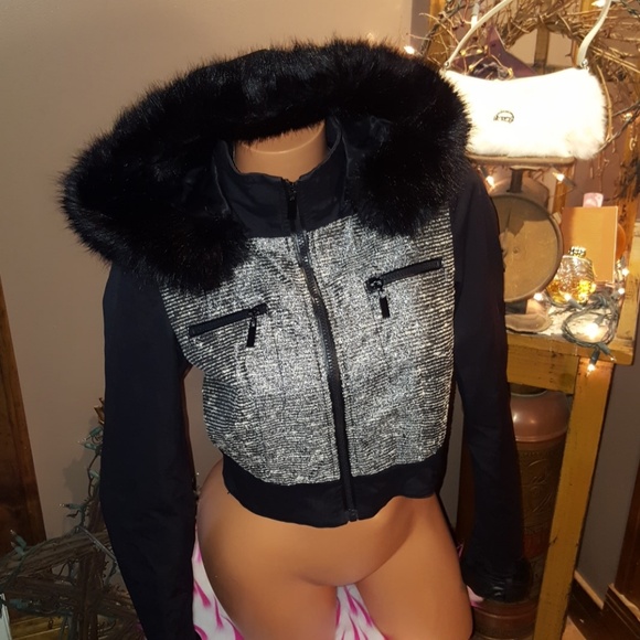 bebe Jackets & Blazers - Bebe metallic cropped fur jacket/coat S black